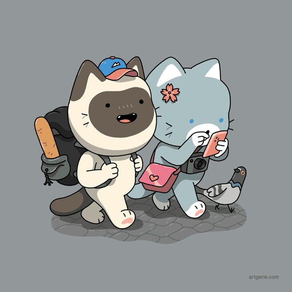 Two cool kitties on an adventure, trekking through a new European city