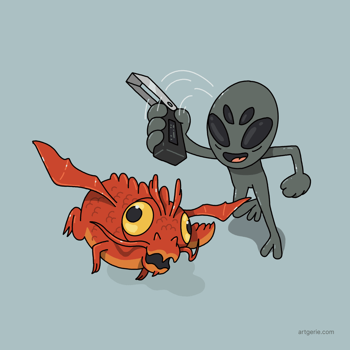 Alien capturing a dragon as if it was a Pokemon, but instead of a Pokeball, he uses a ledger