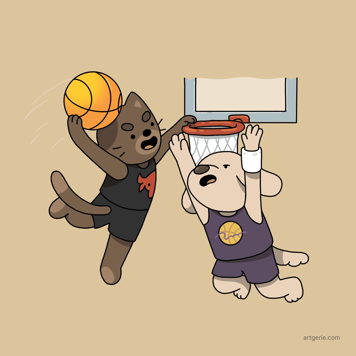 A cat and dog playing basketball
