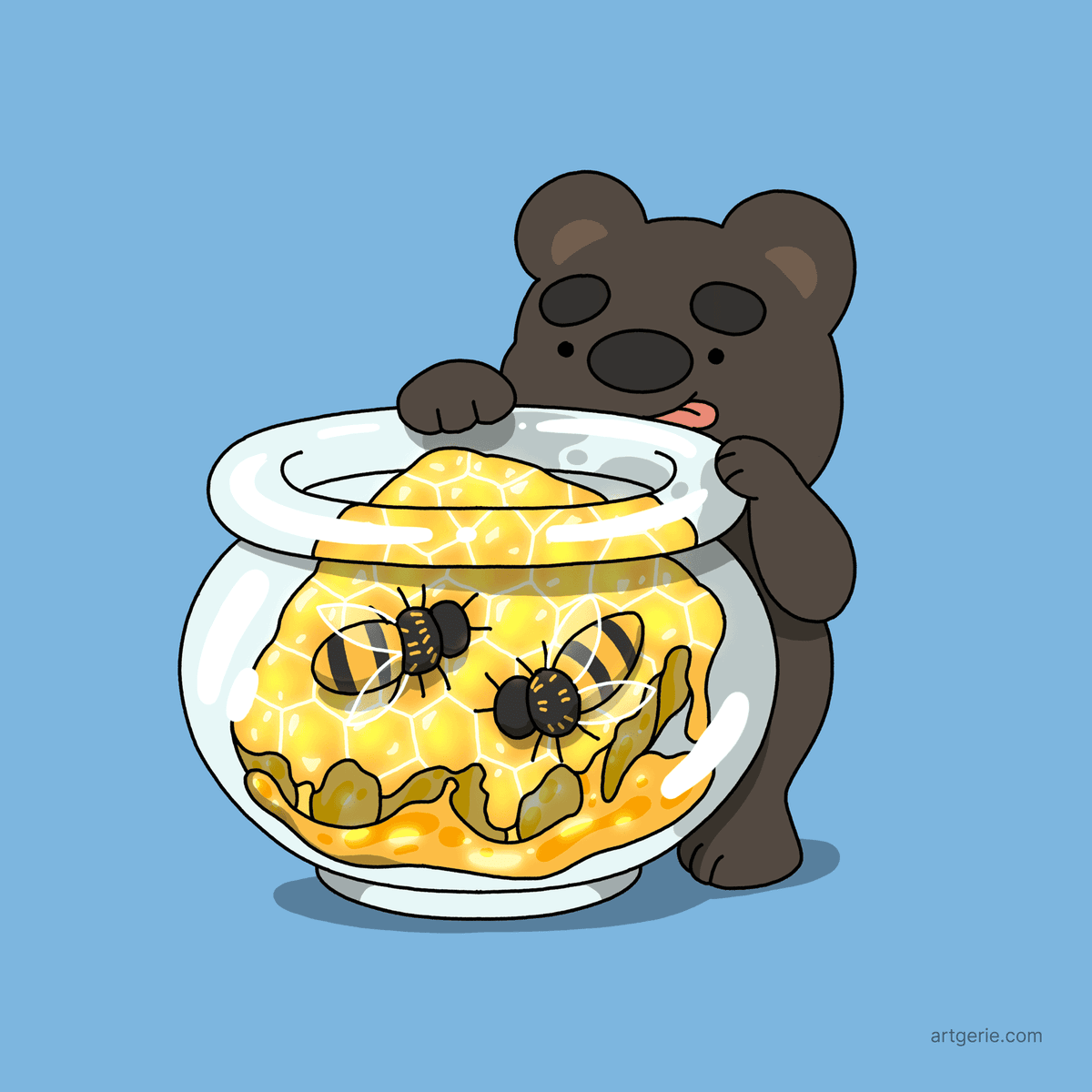 A couple of bees in a honeycomb tank, with a cute bear licking his lips for honey.