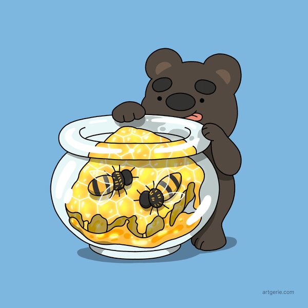 A couple of bees in a honeycomb tank, with a cute bear licking his lips for honey.
