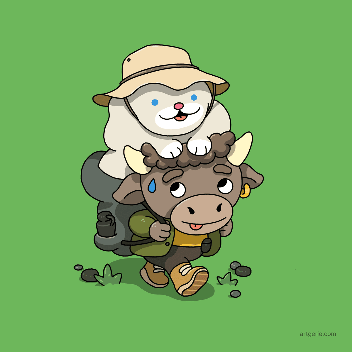 A chonk and a moo on a hike