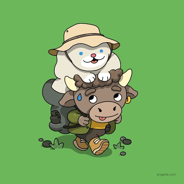 A chonk and a moo on a hike