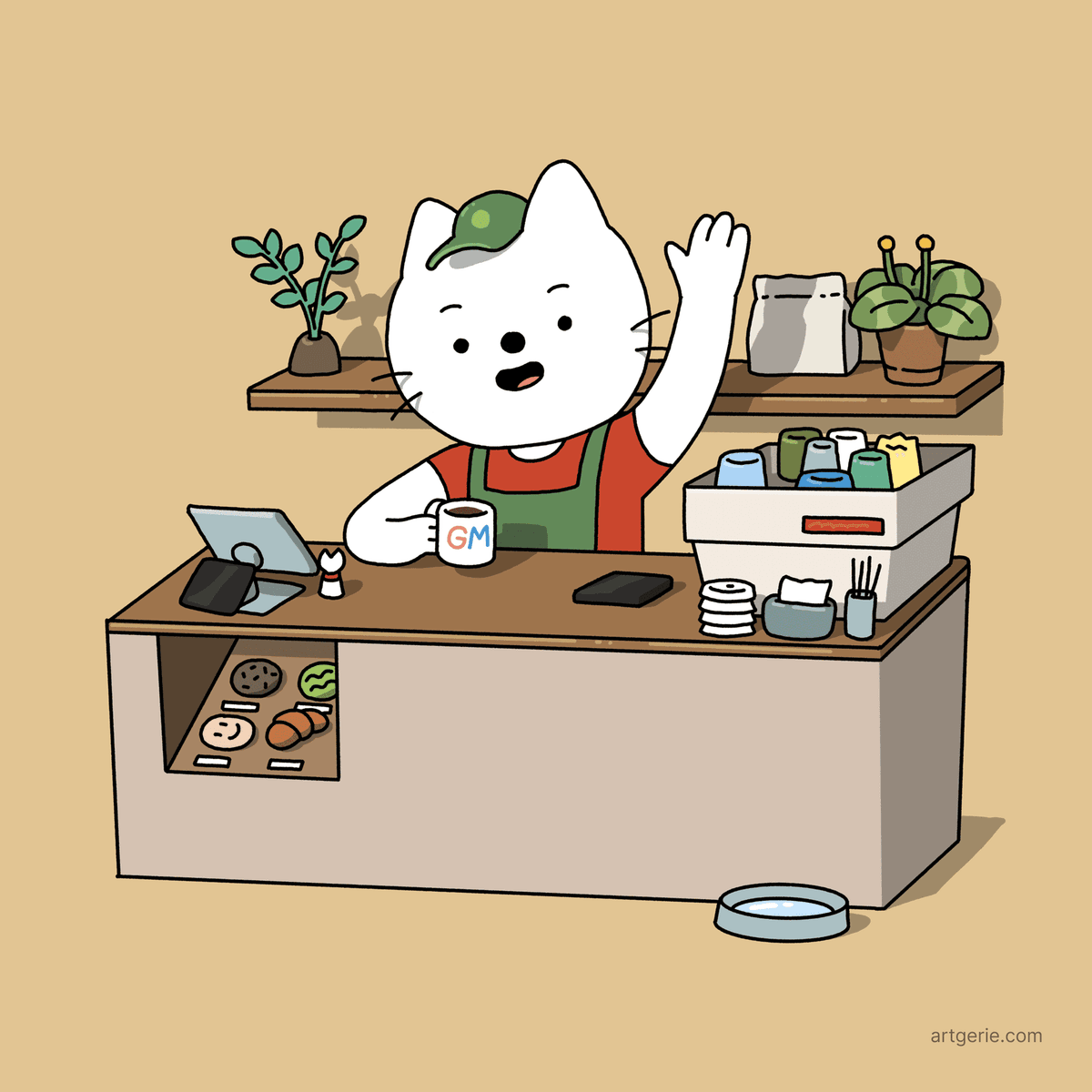 Mr. Cat is waving from inside the Artgerie