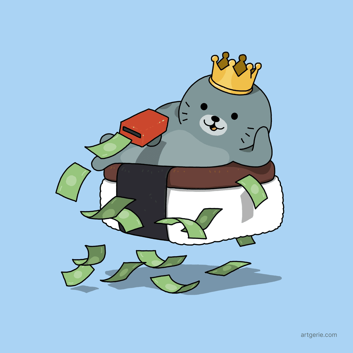 A seal riding on a spam musubi while making it rain with money