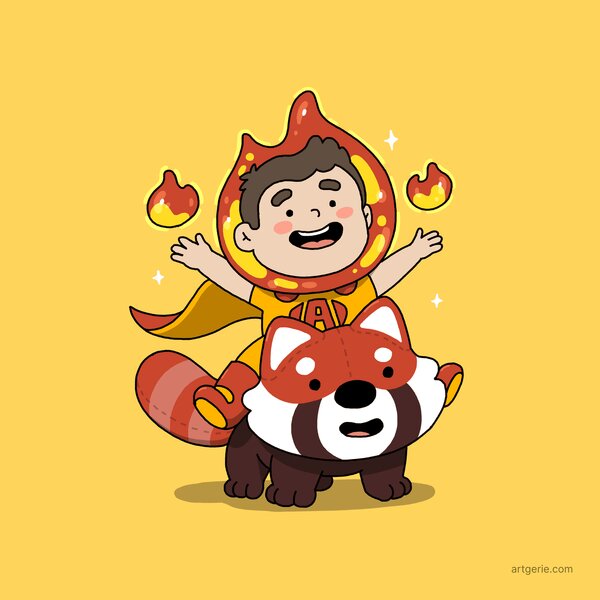 A young hero unlocking his power with fiery glowing aura with red panda plush as his sidekick