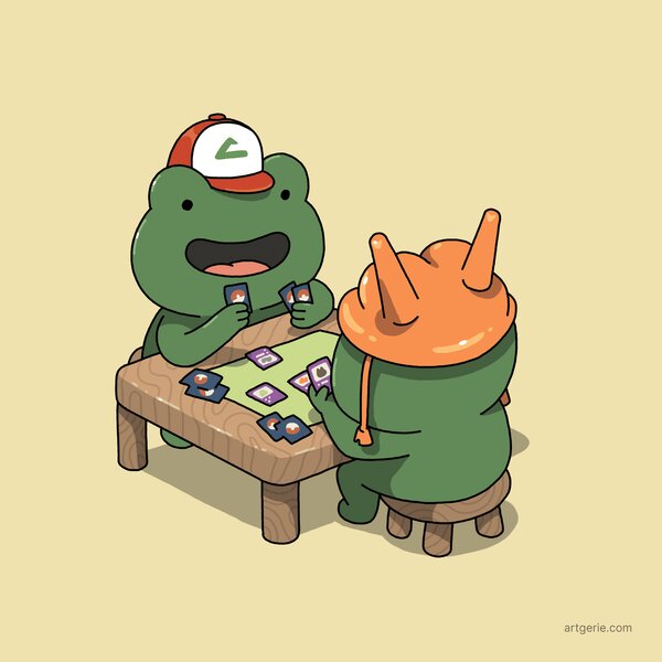 Two frogs play Pokémon cards, one in Ash's hat, the other with a Charizard headpiece