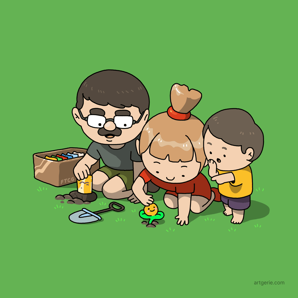 A dad in his garden, planting FTCG as his family watches them come to life