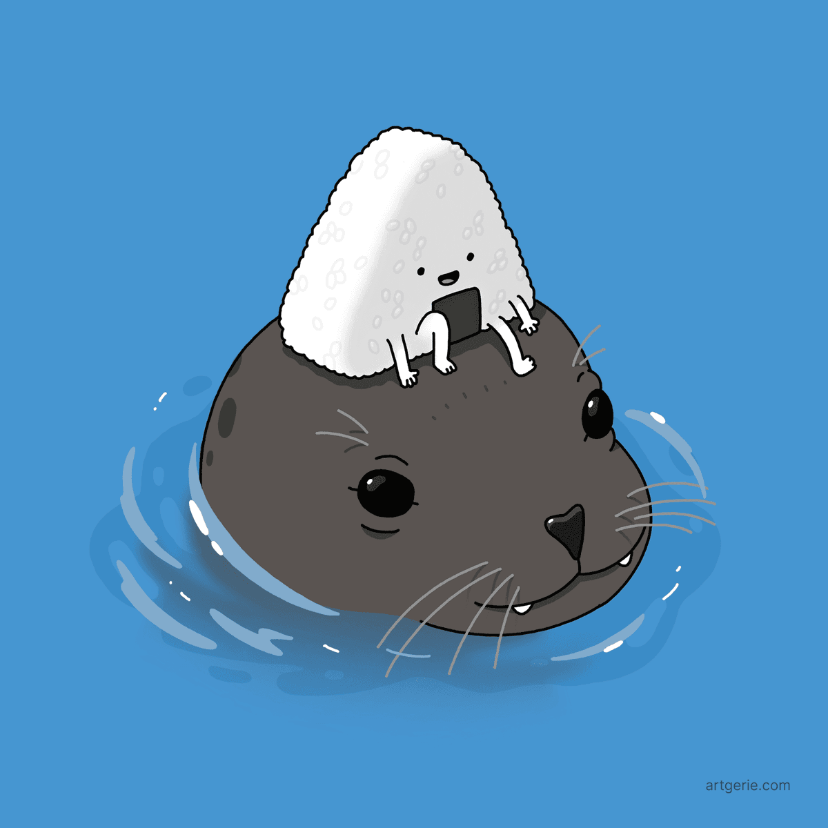 An onigiri swimming with a sea lion in the ocean.