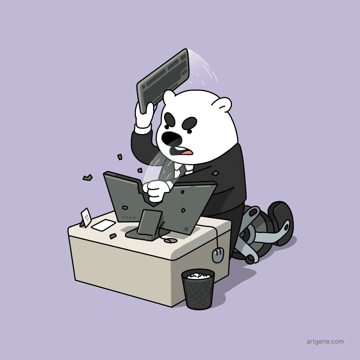 Grumpy polar bear smashing the computer in the office