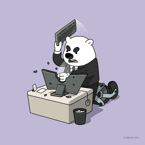 Grumpy polar bear smashing the computer in the office