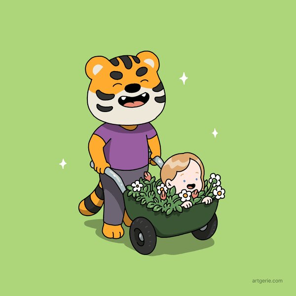 A tiger dad pushes his human daughter in a garden cart filled with flowers on a warm spring day